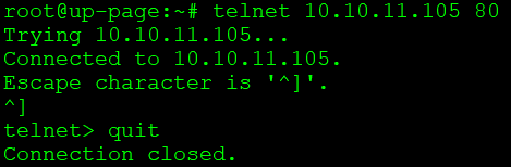 Screenshot of a terminal window showing a successful telnet connection to the IP address 10.10.11.105 on port 80, followed by the user exiting the telnet session with the 'quit' command.