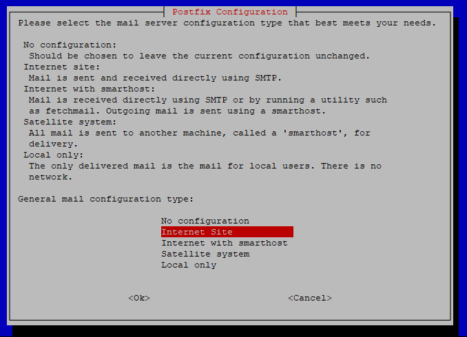 The selection of postfix installation configuration.